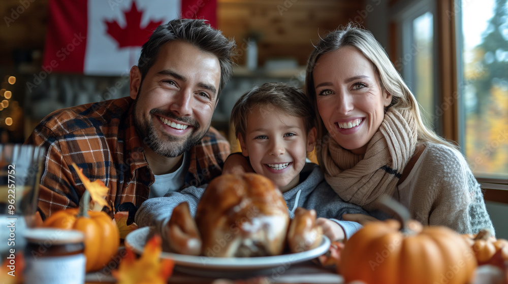 Canadian family enjoying a Thanksgiving meal, with the Canadian flag in the background.