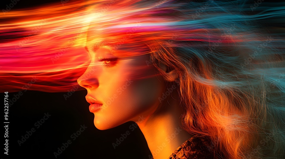 Woman with colorful light streaks in her hair. Woman with colorful light streaks in her hair.