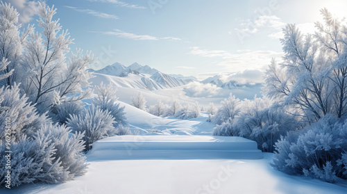 winter landscape with mountains, trees
