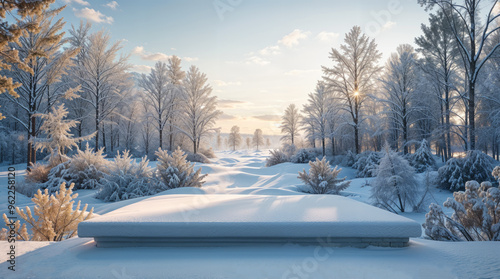 Winter landscape with trees. Copy space, empty area