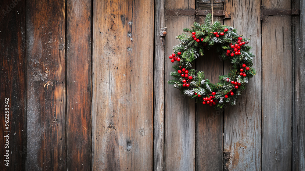 素朴なドアに掛けられたクリスマスリース 素朴なドアに掛けられたクリスマスリース