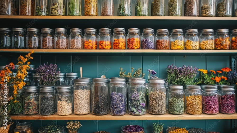 Dried Herbs and Flowers in Glass Jars on Wooden Shelves Dried Herbs and Flowers in Glass Jars on Wooden Shelves