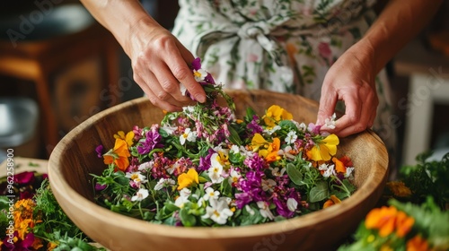 Woman Adding Edible Flowers to Salad Bowl