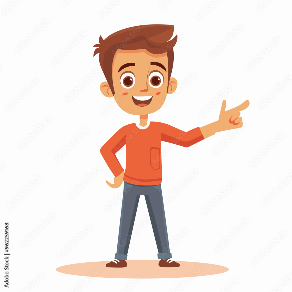 A cartoon boy is pointing to something. He is wearing a red shirt and blue jeans A cartoon boy is pointing to something. He is wearing a red shirt and blue jeans
