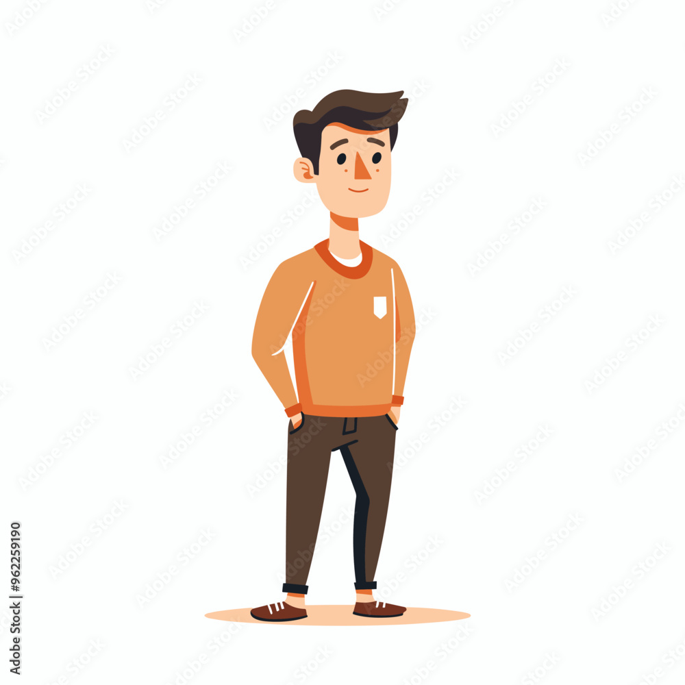 A man in an orange sweater stands with his hands in his pockets. He has a smile on his face A man in an orange sweater stands with his hands in his pockets. He has a smile on his face