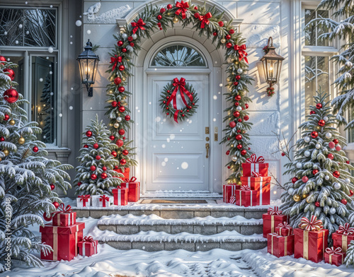 Christmas themed front door decorated with wreath and gifts with snowy Christmas background.