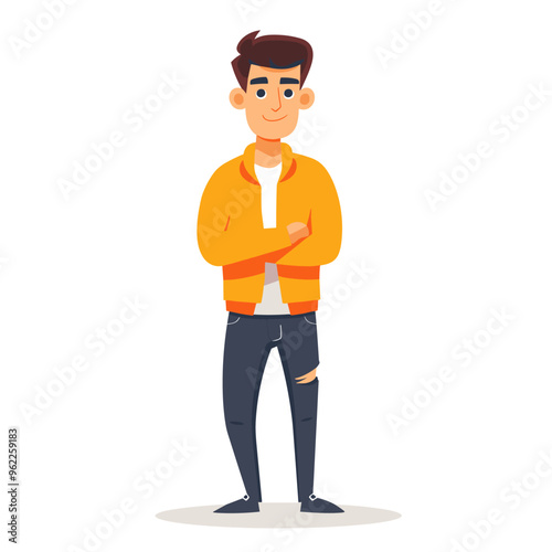 A young man in an orange jacket and blue jeans is standing with his arms crossed. He has a smile on his face, giving off a friendly and approachable vibe