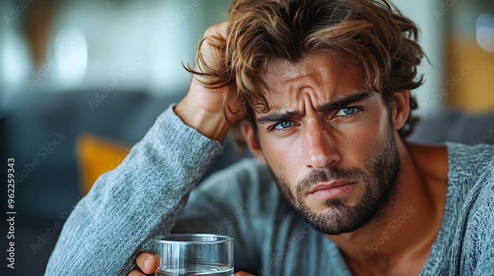 A man with a worried expression, looking directly at the camera, holding a glass of water. A man with a worried expression, looking directly at the camera, holding a glass of water.