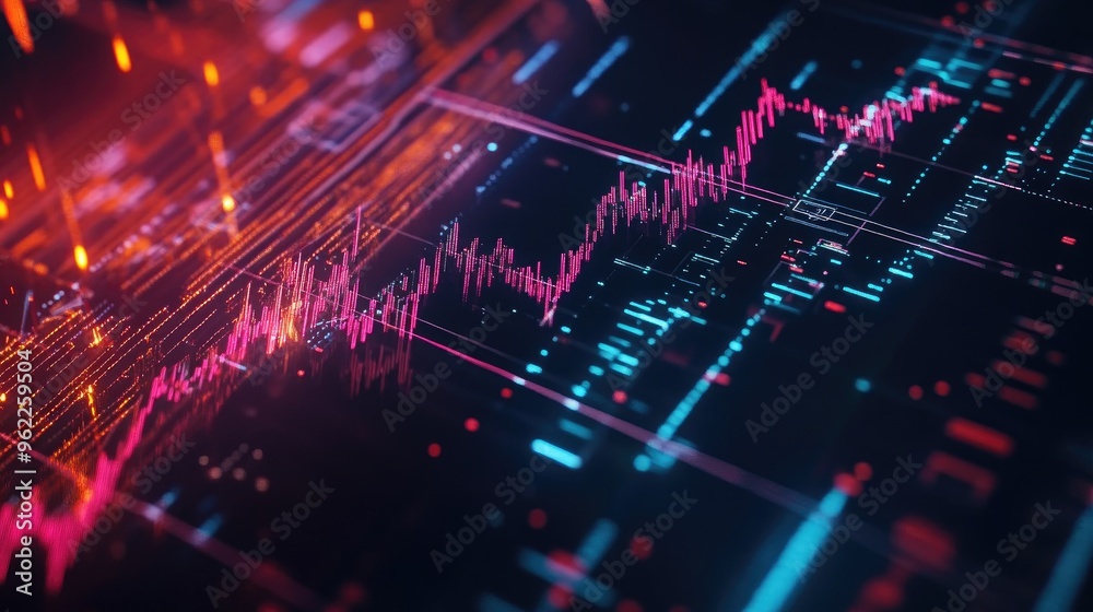 Close-up of a stock chart with dynamic candlestick patterns and fluctuating lines on a digital screen Close-up of a stock chart with dynamic candlestick patterns and fluctuating lines on a digital screen