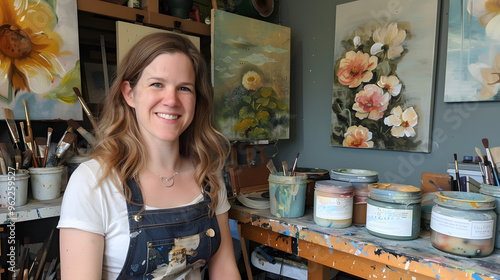 A creative young artist smiles contentedly while surrounded by paintings in her cozy studio 