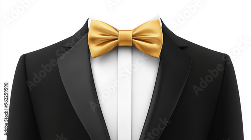 Elegant Black Tuxedo Jacket with Gold Bow Tie on White Background