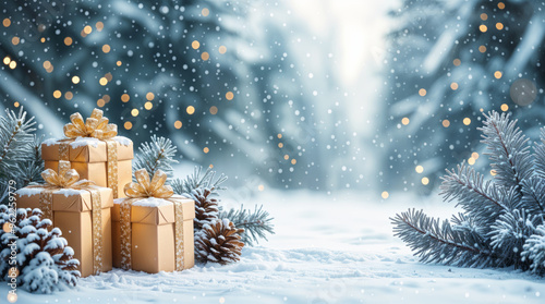 Christmas presents  with winter background.