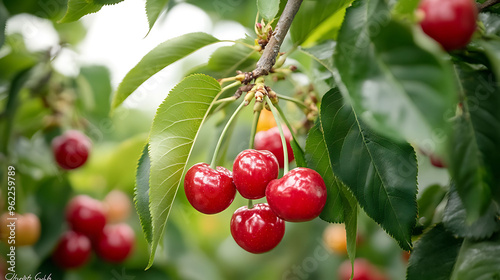 Prunus avium Stella Cherry a professional farm Stella cherries growing on the tree surrounded by green leaves capturing the beauty of cherry farming