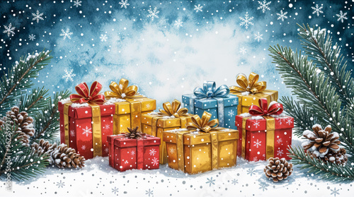 christmas background tree with gift boxes, winter scene