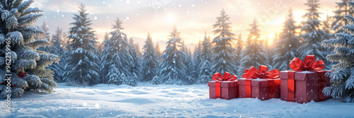 Christmas present on a snowy surface with falling snow and winter scene background.