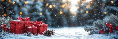 red christmas gift box on snow, banner