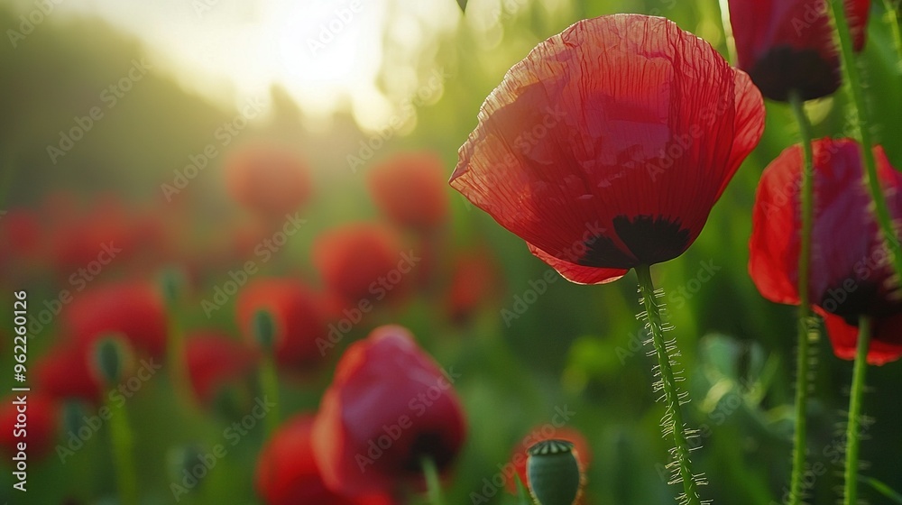 Obraz premium A field of red blooms under bright sunlight, with trees in the background