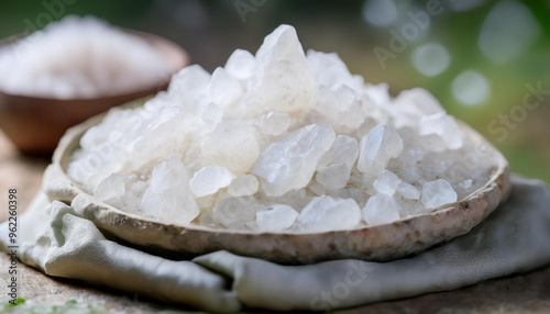 Gypsum crystals, white translucent form. Natural mineral. Soil treatment concept. Close-up. photo