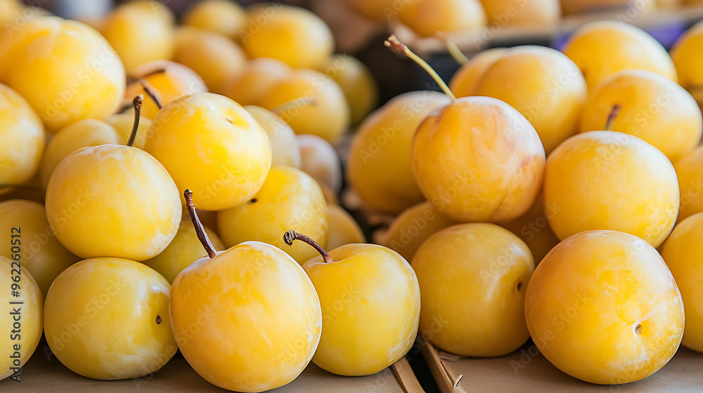 Prunus domestica Yellow Plum a market setting a display of Yellow plums ready for sale emphasizing their sweet and juicy flavor and vibrant color Prunus domestica Yellow Plum a market setting a display of Yellow plums ready for sale emphasizing their sweet and juicy flavor and vibrant color