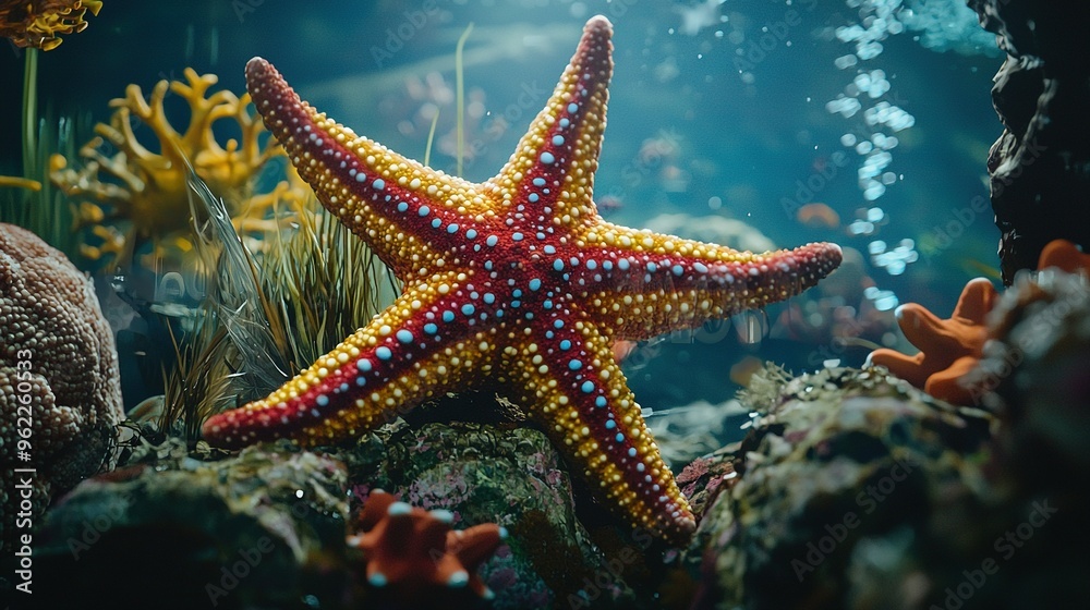 a starfish resting on a stone amidst vibrant coral and diverse marine life in an aquarium setting a starfish resting on a stone amidst vibrant coral and diverse marine life in an aquarium setting