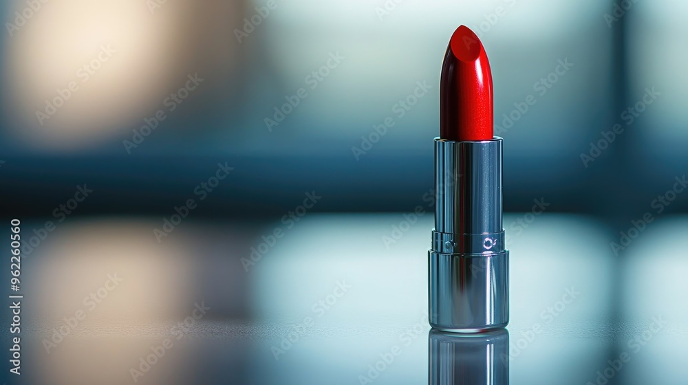 Close-up of a vibrant red lipstick with its bullet partially exposed, placed on a sleek vanity with a soft-focus background Close-up of a vibrant red lipstick with its bullet partially exposed, placed on a sleek vanity with a soft-focus background