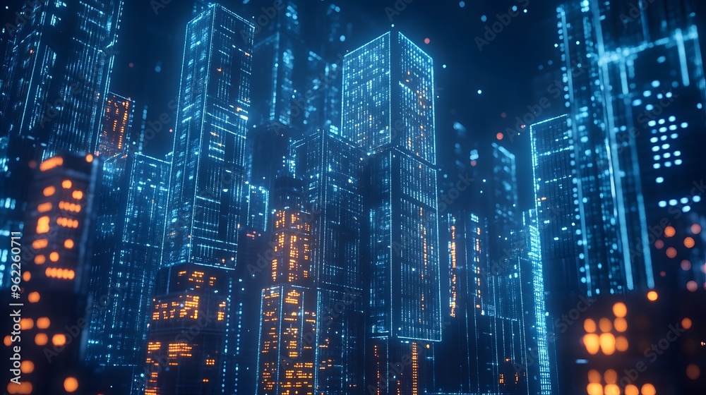 Digital cityscape with buildings made of glowing cubes, representing the futuristic and digital nature of smart urban development Digital cityscape with buildings made of glowing cubes, representing the futuristic and digital nature of smart urban development