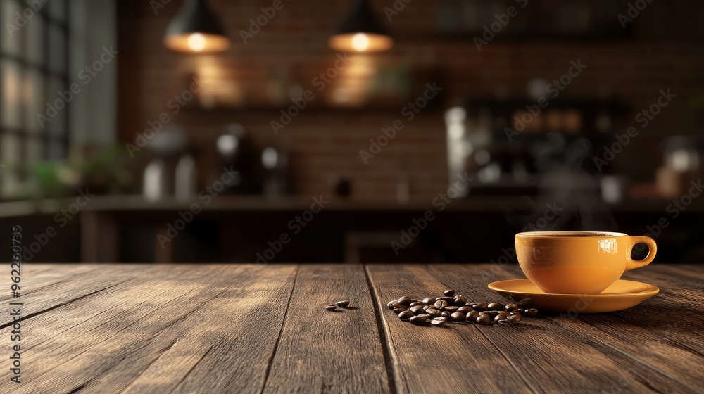 Gorgeous coffee grounds and mug on a wooden cafe table, with space for text in the background Gorgeous coffee grounds and mug on a wooden cafe table, with space for text in the background
