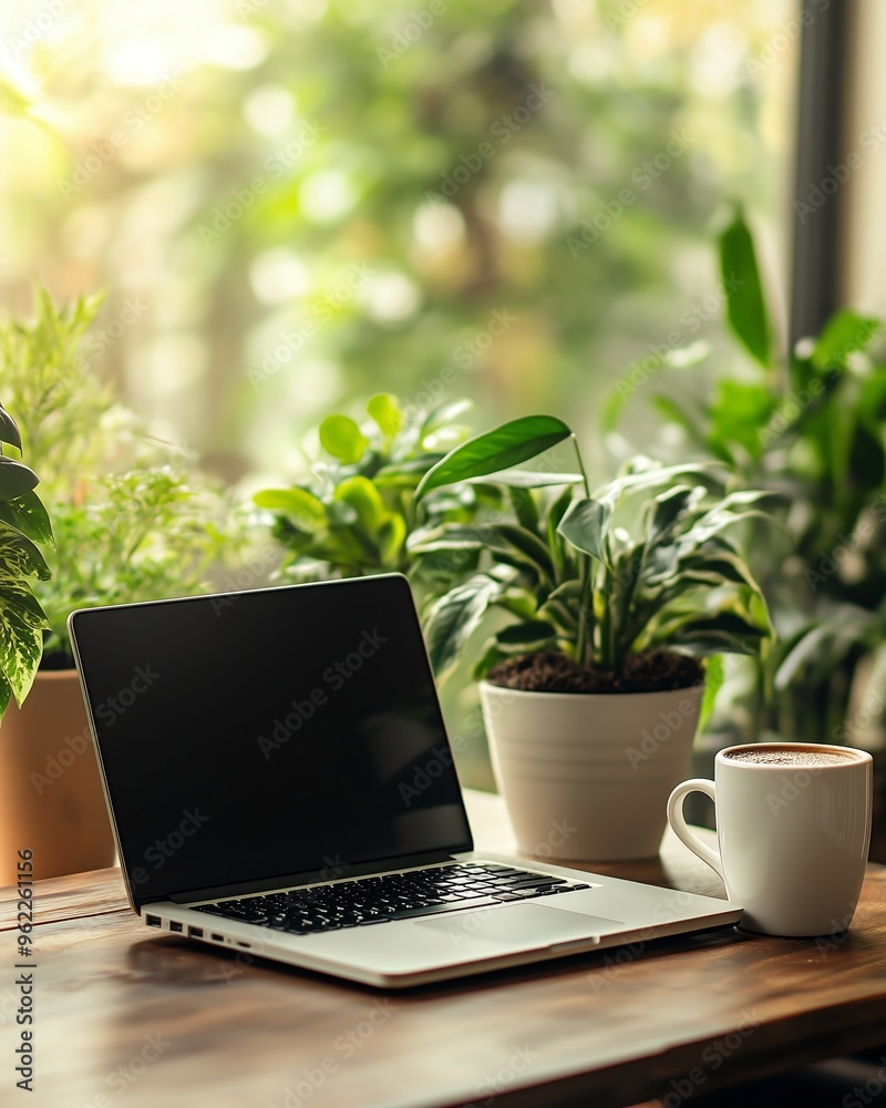 laptop with cup of coffee and plants laptop with cup of coffee and plants
