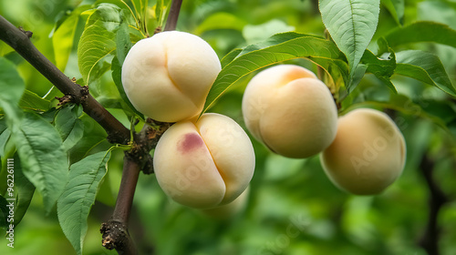 Prunus persica White Peach a professional farm White peaches growing on the tree surrounded by green leaves capturing their natural environment photo