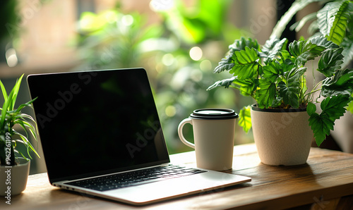 Cozy workspace with laptop and plants