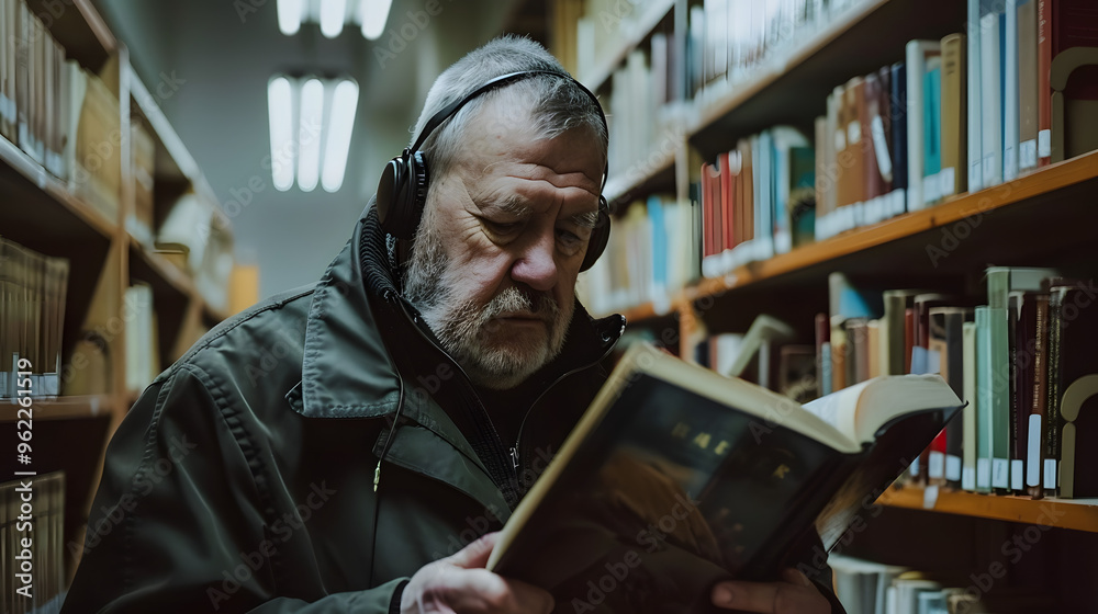 A distinguished older man with a silver beard and tweed jacket and vintage headphones browsing in a library 