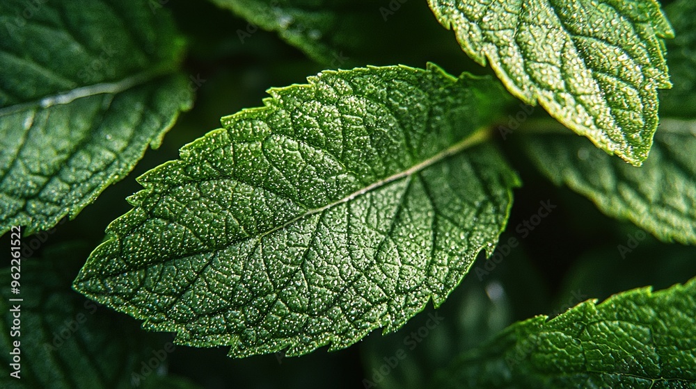 Close-up of a green leaf with water droplets on both sides Close-up of a green leaf with water droplets on both sides