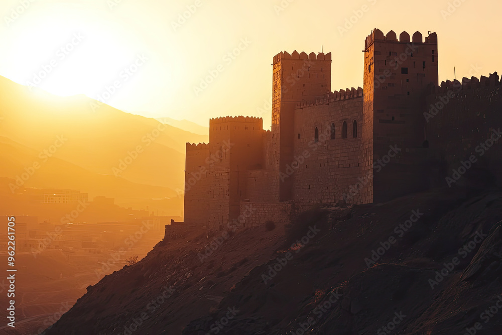 Obraz premium A Majestic Silhouette: An Ancient Islamic Fort Bathed in the Golden Hues of Sunset