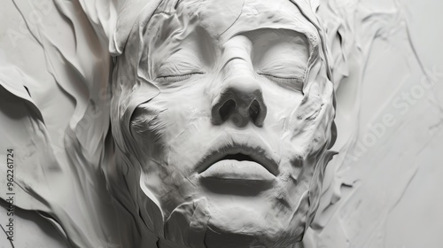 A detailed white sculpture of a human face appears to emerge from a textured surface, creating a striking and emotive piece of art. The intricate details and the surreal texture convey a sense of