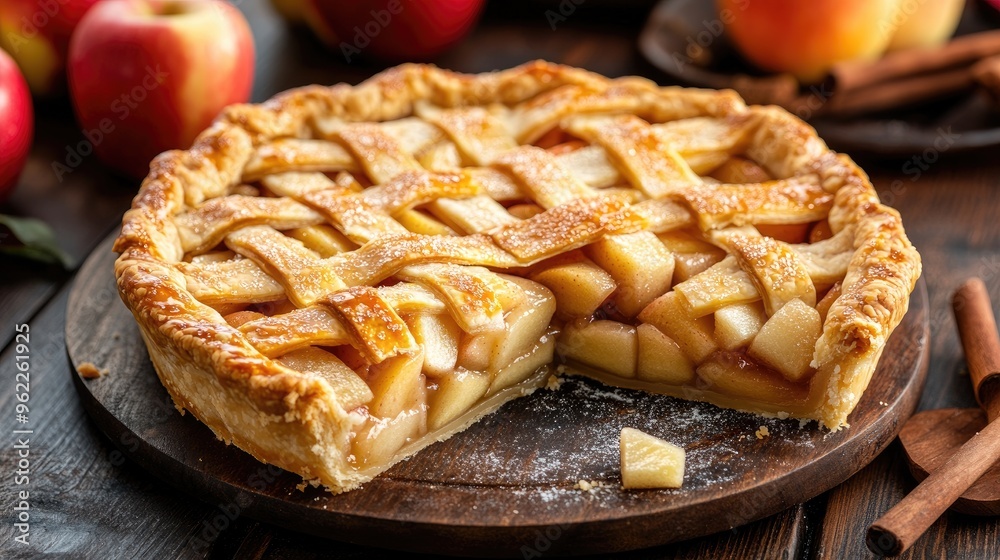 Close-up shot of a classic American apple pie with a flaky crust and apple filling Close-up shot of a classic American apple pie with a flaky crust and apple filling