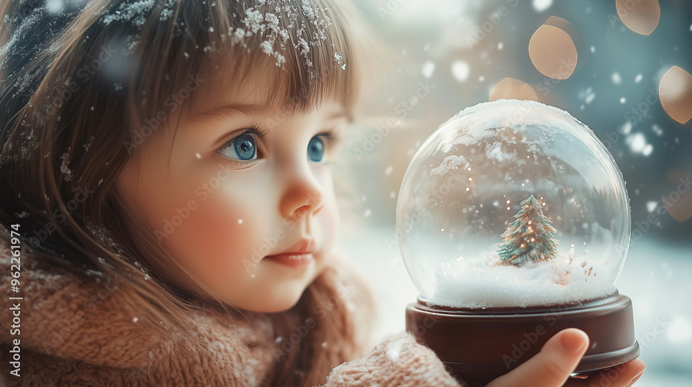 Naklejka premium Young child holds a shimmering snow globe filled with lights during a snowy evening in winter wonderland. Generative AI.