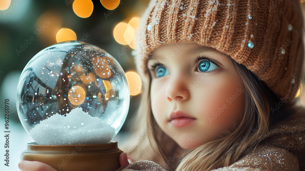 Naklejka premium Young child holds a shimmering snow globe filled with lights during a snowy evening in winter wonderland. Generative AI.