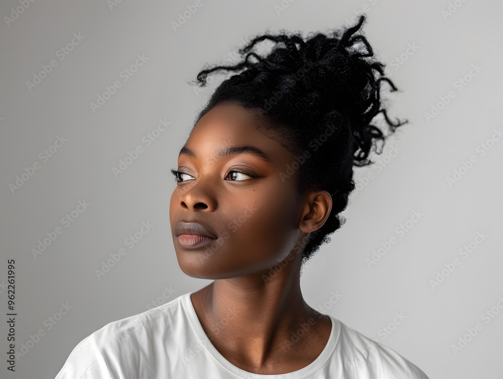 Fototapeta premium Black woman on gray empty background with copy space