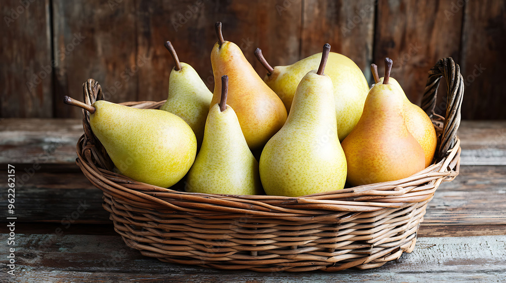 Pyrus communis Comice Pear a basket filled with Comice pears known for their sweet and juicy flavor ideal for a rustic kitchen or market scene Pyrus communis Comice Pear a basket filled with Comice pears known for their sweet and juicy flavor ideal for a rustic kitchen or market scene