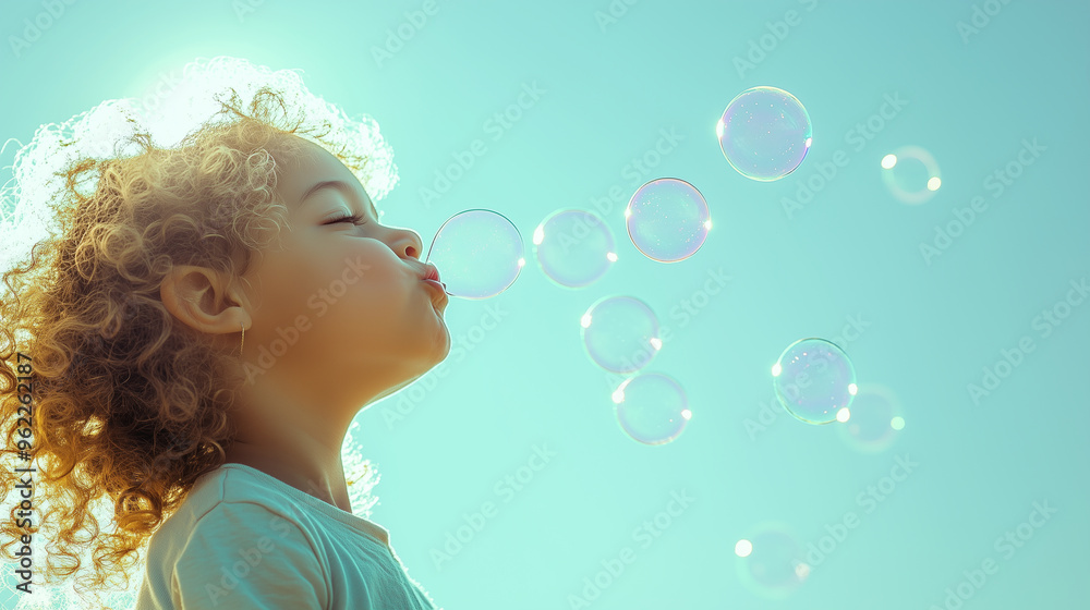A young child blowing bubbles on a sunny day, surrounded by sparkling light reflections and a joyful atmosphere of childhood innocence. Generative AI. A young child blowing bubbles on a sunny day, surrounded by sparkling light reflections and a joyful atmosphere of childhood innocence. Generative AI.