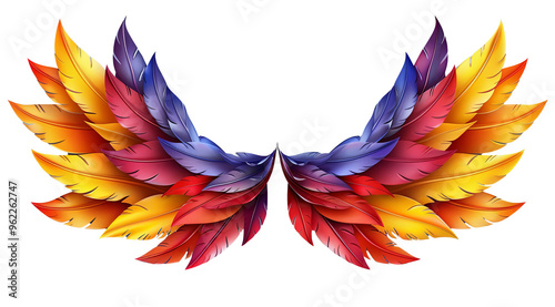 Vibrant and colorful feather wings, showcasing a spectrum of hues. Perfect for artistic designs or fantasy themes.