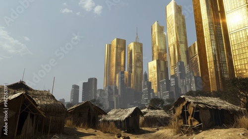 A striking cityscape featuring towering golden skyscrapers in sharp contrast to a shantytown of thatched huts in the foreground. The image captures the stark disparity between wealth and poverty photo