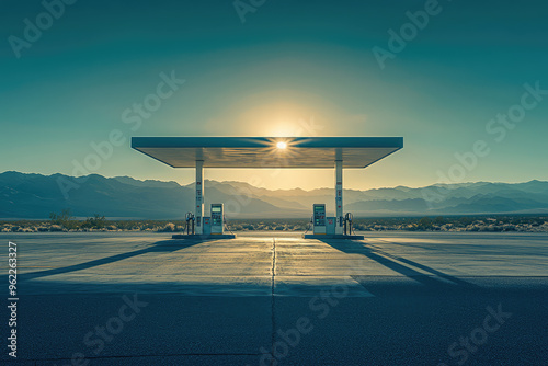 A lone gas station stands silent in the vast desert landscape, bathed in the golden glow of the setting sun. photo