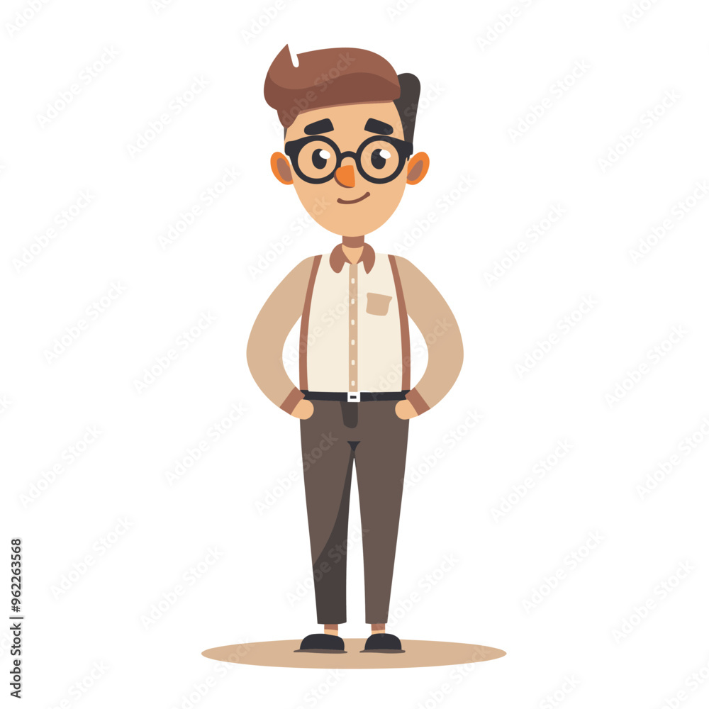 A man in glasses stands with his hands on his hips. He is smiling and he is happy A man in glasses stands with his hands on his hips. He is smiling and he is happy