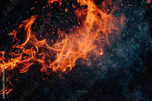 Fiery Dance: A symphony of flames, embers, and smoke against a dark backdrop, creating an abstract, mesmerizing spectacle.