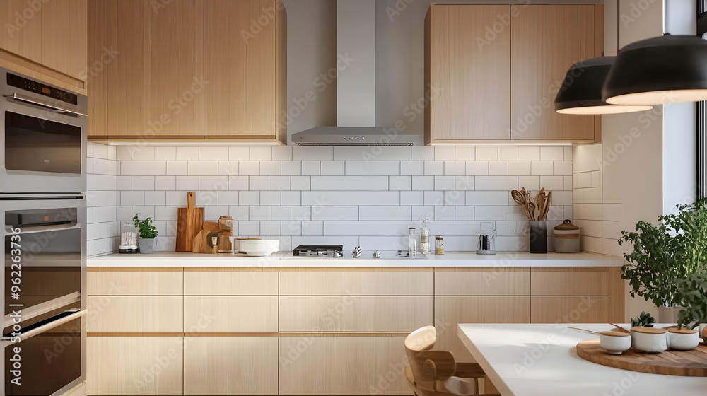 Light Wood Cabinets Paired with White Subway Tile in Scandinavian Kitchen