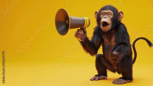 A chimpanzee holding a megaphone with its mouth open, sitting on a yellow background. photo