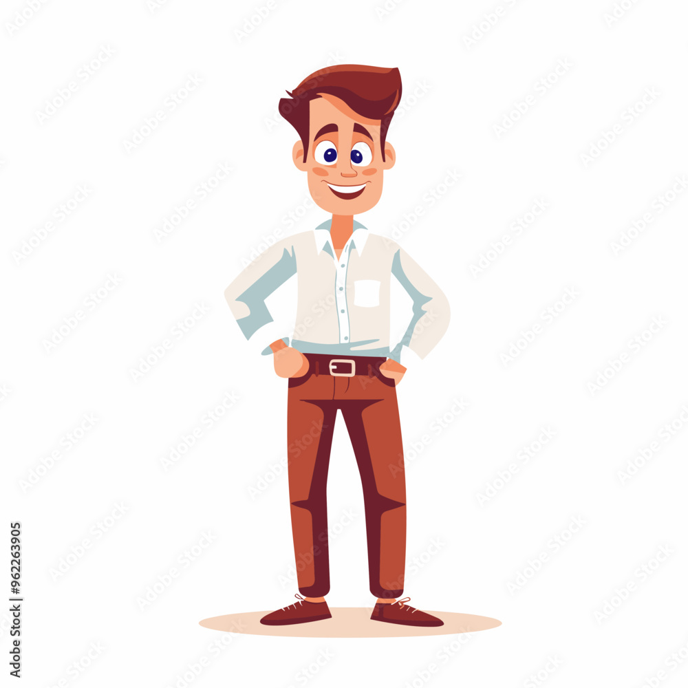 A man is standing with his hands on his hips and smiling. He is wearing a white shirt and brown pants A man is standing with his hands on his hips and smiling. He is wearing a white shirt and brown pants