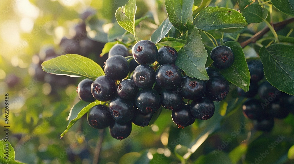 A close-up of numerous berries on a tree, surrounded by green leaves and illuminated by sunlight filtering through the branches above A close-up of numerous berries on a tree, surrounded by green leaves and illuminated by sunlight filtering through the branches above
