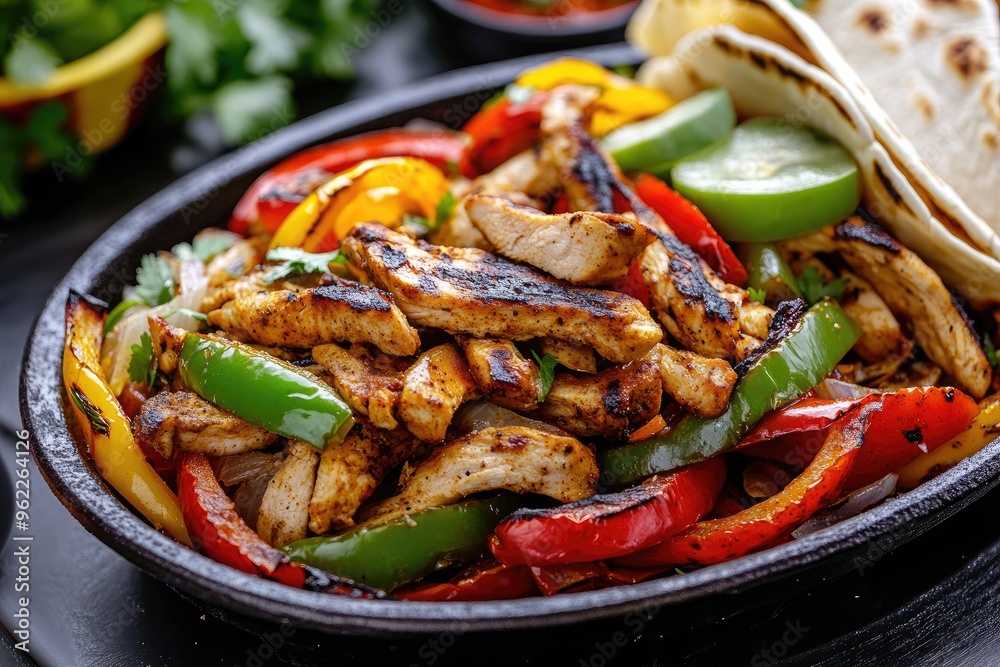 A sizzling platter of chicken fajitas with bell peppers, onions, and tortillas on the side A sizzling platter of chicken fajitas with bell peppers, onions, and tortillas on the side